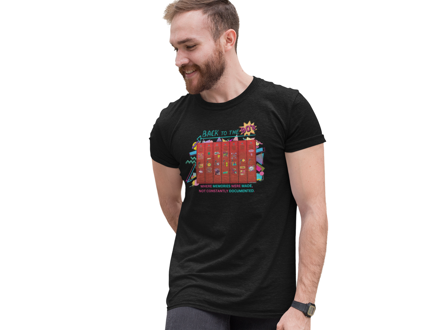 Nostalgic 90s Inspired T Shirt with Lockers and Stickers Design