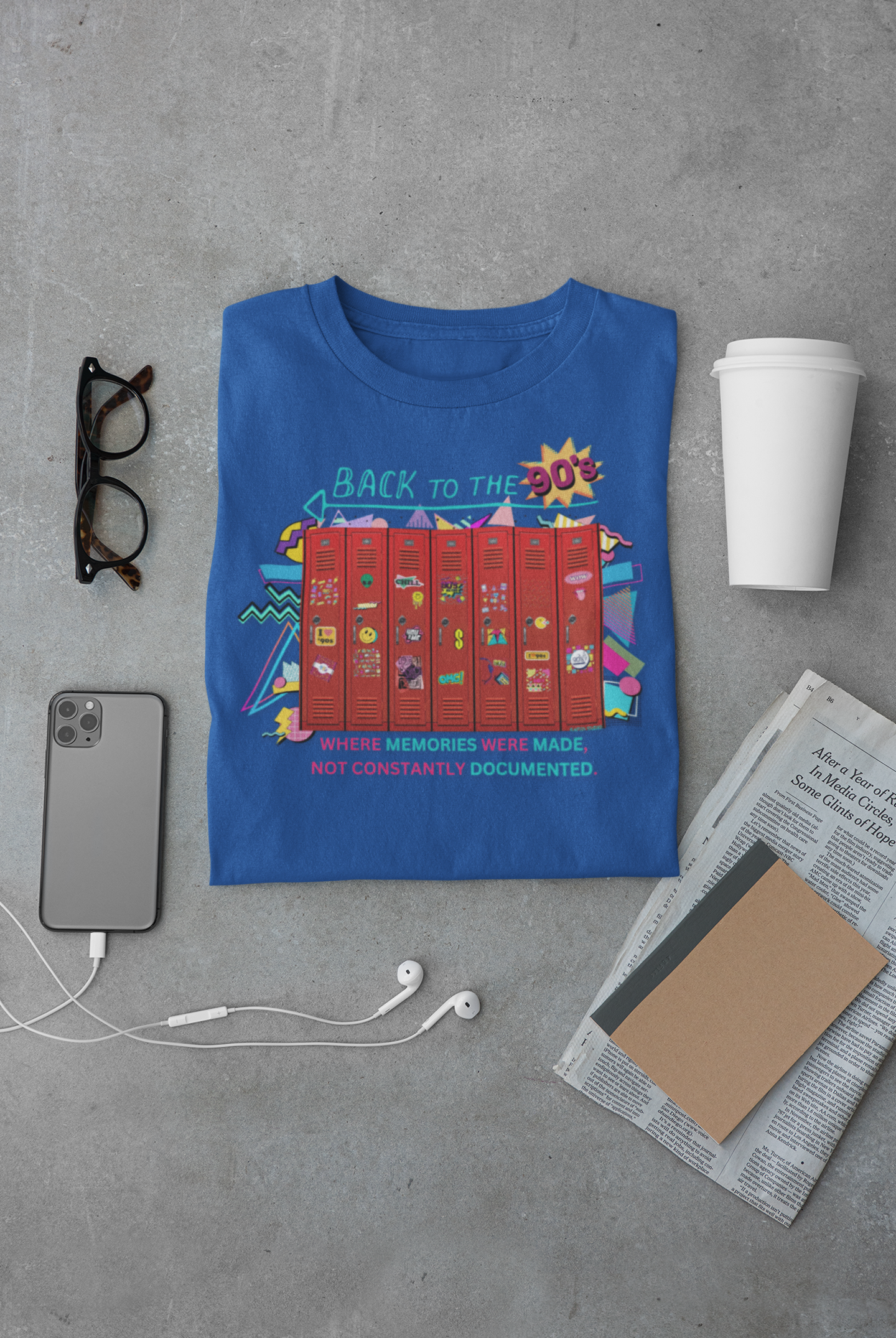 Nostalgic 90s Inspired T Shirt with Lockers and Stickers Design