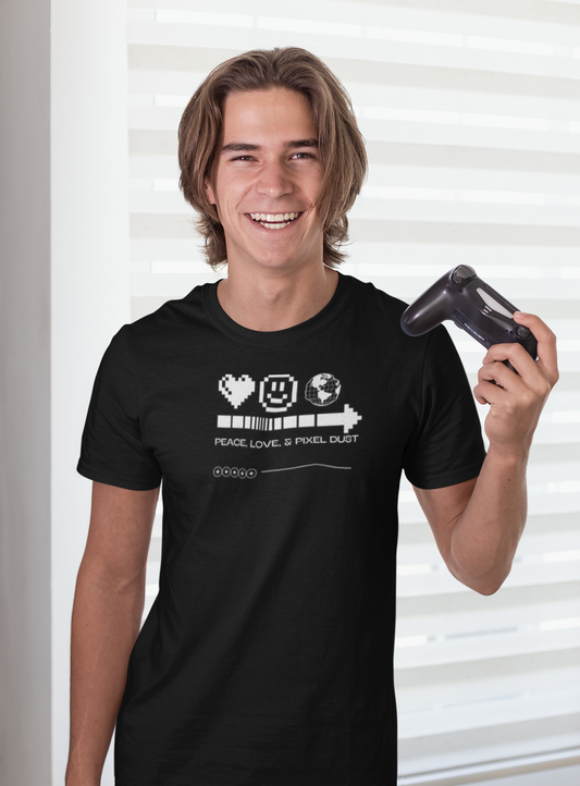 Peace, Love & Pixel Dust Unisex Tee | Retro Gaming Shirt | Gifts for Gamers, Vintage T-Shirt, 8-Bit Style Apparel